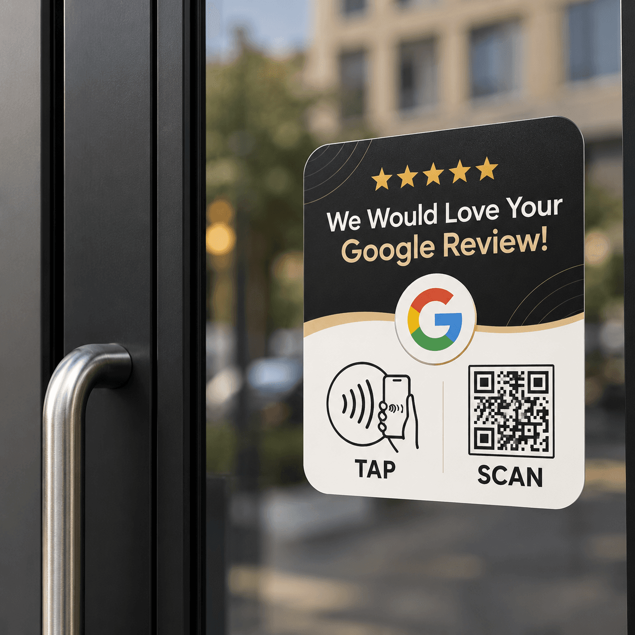 A Google review NFC decal on a glass door, with tap and QR options