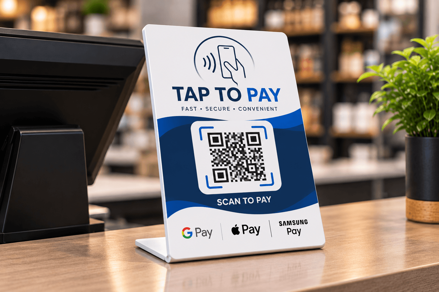 A tap-to-pay counter stand with a QR code at a store checkout