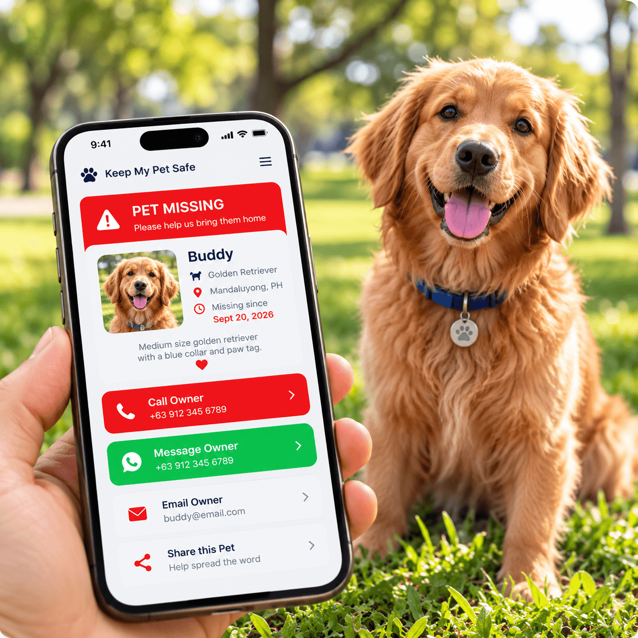 A dog wearing an NFC pet tag, next to a phone showing the pet's contact profile