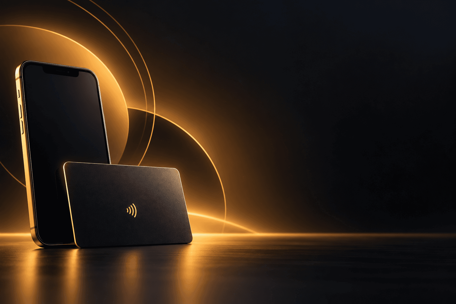 A matte black NFC business card, printed with a contactless wave icon, leaning against a smartphone.