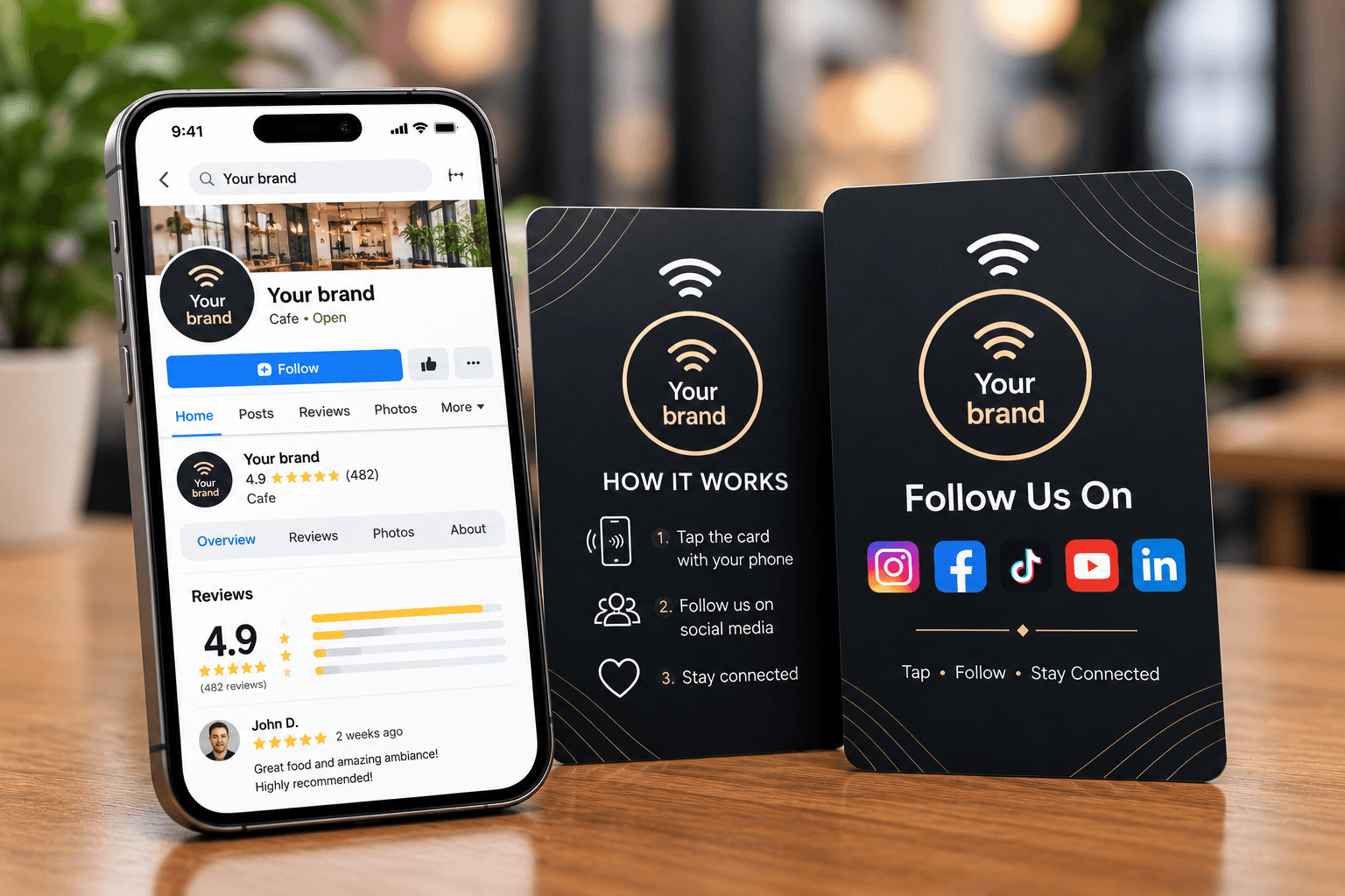 Two NFC social media stands on a table next to a phone showing a Facebook profile