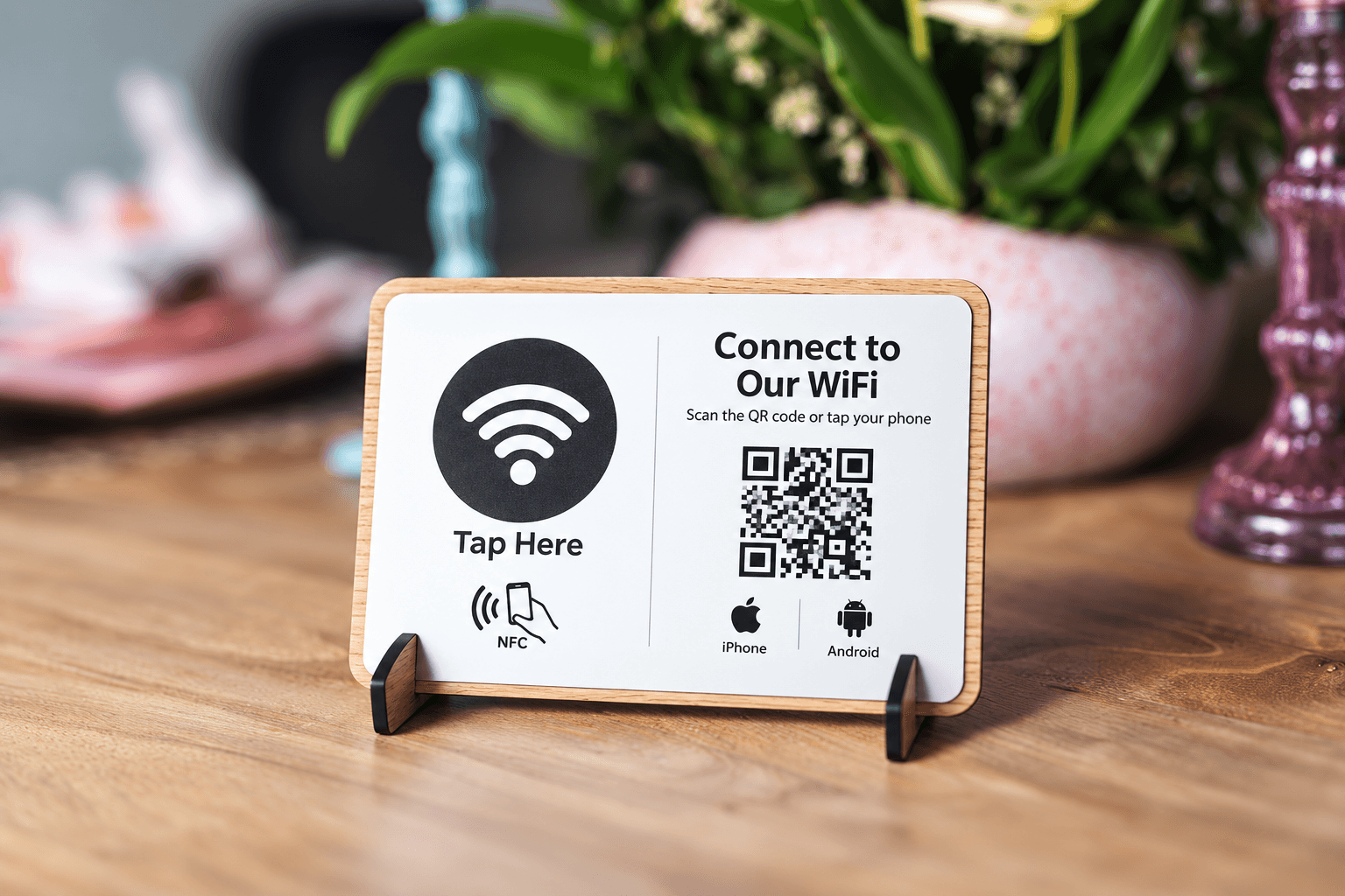 A wooden Wi-Fi NFC tag on a table with a QR code and tap instructions